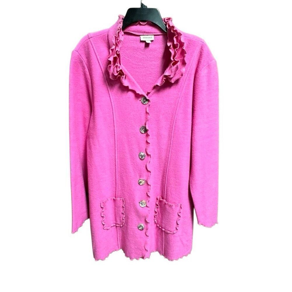 Venario Womens Pink Ruffle Neck Button Wool Jacket Size Large